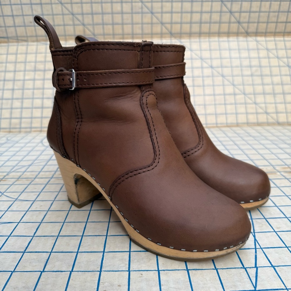 Swedish Hasbeens Toffel Brown Leather Jodhpur Wood Heel Platform Clog Boots 8.5